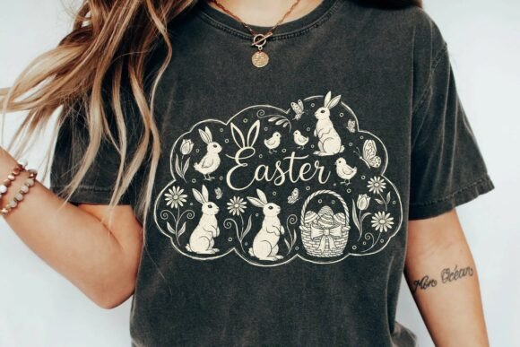 Download Vintage Aesthetic Hand-Drawn Easter Bunny Garden Scene Sublimation PNG - Sublimation Collection